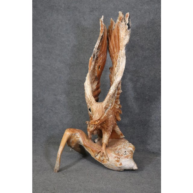 Wood Hand-Carved Walnut American Sculpture of a Bald Eagle Landing on Tree For Sale - Image 7 of 12