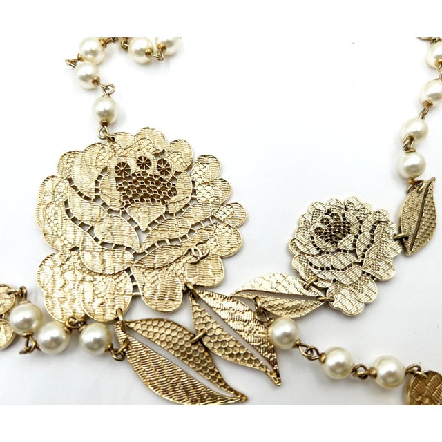 Chanel Chanel Rare Gold Lace Flower Pearl Long Necklace For Sale - Image 4 of 5