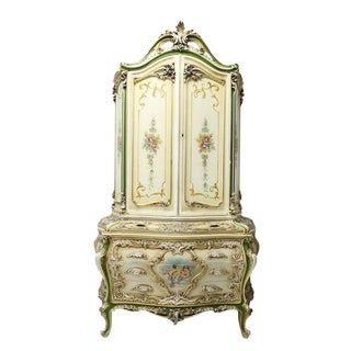 Italian Rococo Bombay Carved Hand Painted Armoire For Sale