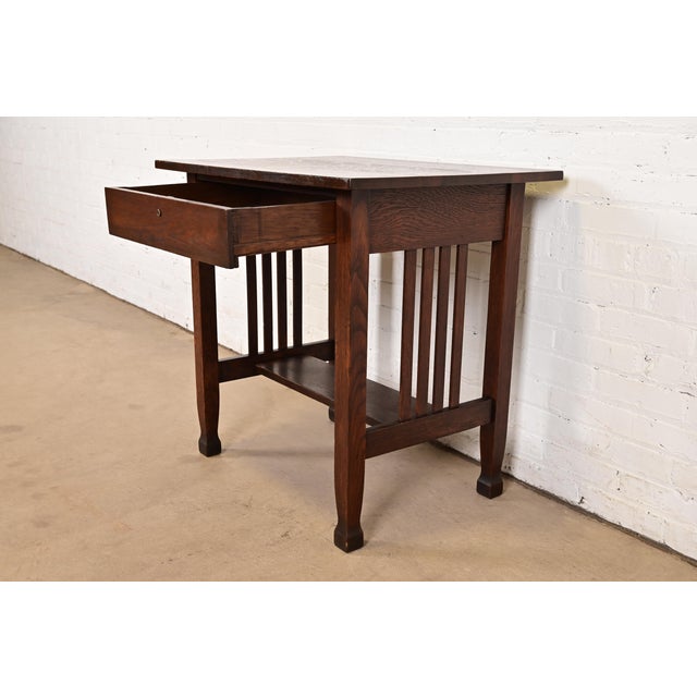 Stickley Brothers Style Antique Mission Oak Arts & Crafts Writing Desk or Library Table, Circa 1910 For Sale In South Bend - Image 6 of 12