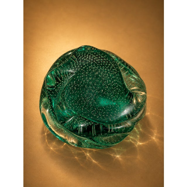 Green Vintage Murano Style Bullicante Green Art Glass Ashtray, Mid-Century Modern Italian Glass Bowl For Sale - Image 8 of 9