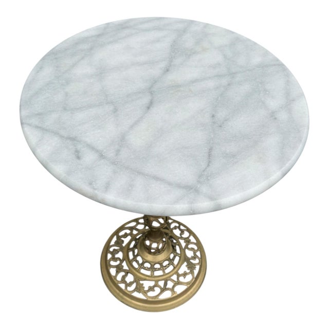 Vintage Hollywood Regency Round Blue Marble Top Brass Pedestal Side Table For Sale - Image 4 of 8
