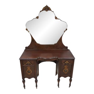 Antique Victorian Inlaid Mahogany Vanity W/ Tri-Fold Mirror, Refinished Top For Sale