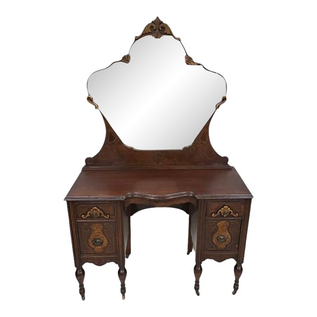 Antique Victorian Inlaid Mahogany Vanity W/ Tri-Fold Mirror, Refinished Top For Sale