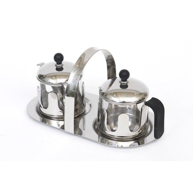 Modern MIchael Graves Chrome, Black Resin and Glass Creamer and Sugar Caddy Set With Matching Tray 90's For Sale - Image 3 of 11