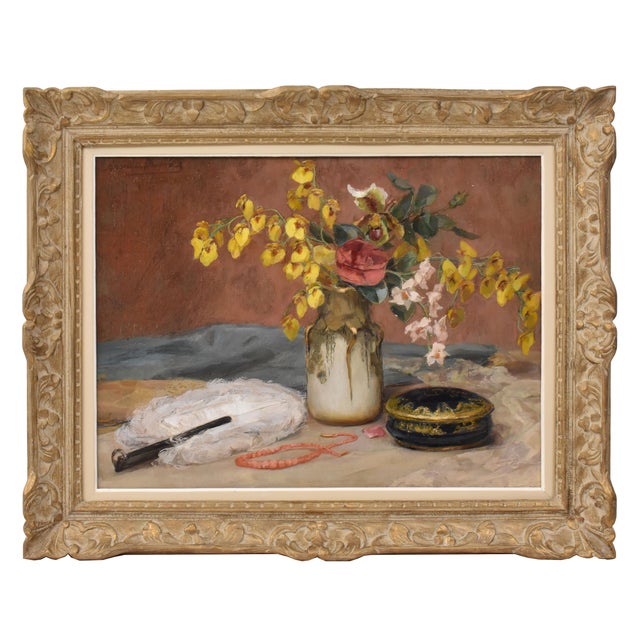 Angelina-Marie-Eugénie Drumaux, Art Deco Still Life with Flower Vase, 20th Century, Oil on Canvas, Framed For Sale - Image 12 of 12