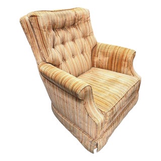 1970 Tuffted Velvet Gold Green Striped Swivel Arm Chair For Sale
