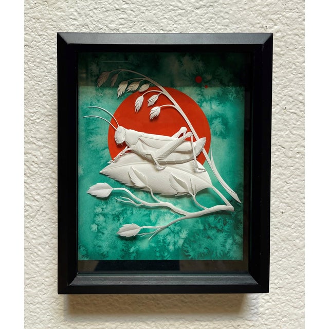 Contemporary Caelifera by Marisa Aragón Ware | Hand-cut paper sculpture and watercolor of a grasshopper on leaves For Sale - Image 3 of 5