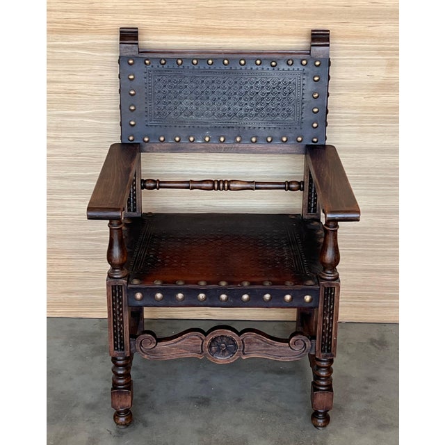 19th Century Spanish Colonial Altar Carved Armchair with Leather Seat and Back For Sale - Image 17 of 18