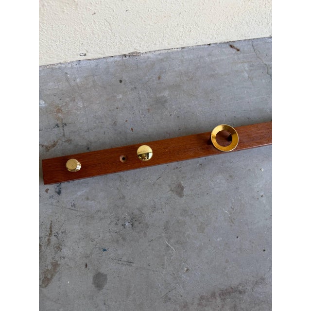 Danish Mid Century Modern Teak Wall Coat Rack - Vintage Solid Wood With Brass Hooks 1960s For Sale In Los Angeles - Image 6 of 6