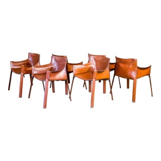 1980s Vintage Giancarlo Vegni 'P90' Cognac Leather Chairs for Fasem - Set of 6 For Sale