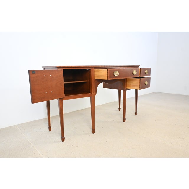 Brown Kindel Mahogany Sideboard Server With Satinwood Inlay & Brass Pulls | Newly Refinished For Sale - Image 8 of 16
