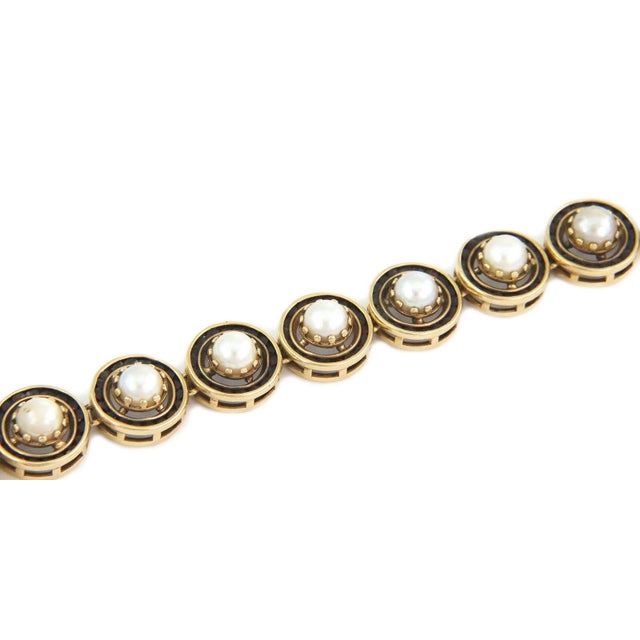 Contemporary Vintage Garnet Pearls 14k Yellow Gold Round Link Bracelet For Sale - Image 3 of 5