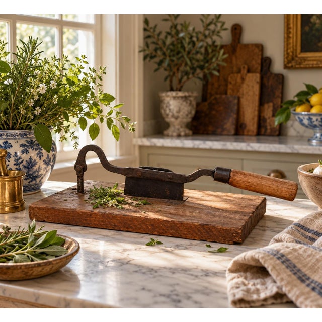 A beautifully timeworn antique wooden herb cutter with forged iron blade and handle, dating to the early 20th century....