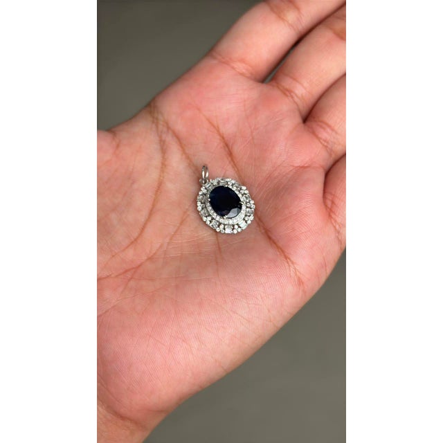 Natural 2.78ct Blue Sapphire & Diamond Cluster Art Deco Pendant in 14k Gold For Sale In New York - Image 6 of 15