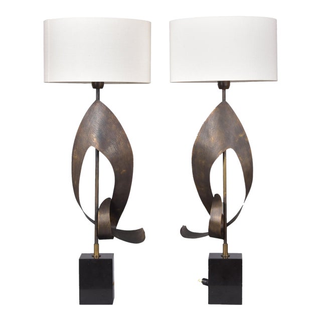 Pair Vintage Italian Brutalist Style Lamps With White Shades For Sale