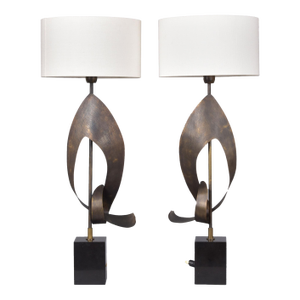 Pair Vintage Italian Brutalist Style Lamps With White Shades