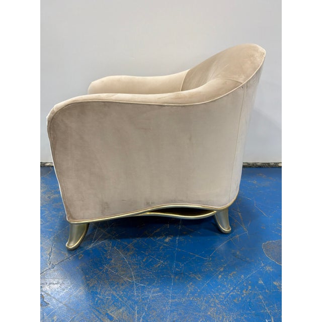 Elegant Caracole Signature Ribbon Chair. Classic style, rounded upholstered back, exposed goldleaf curvy legs. Velvet...