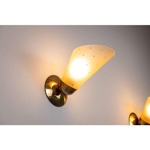 Vintage Brass Sconces with Decorated Yellow Glass Shades, 1960s, Set of 3 For Sale - Image 10 of 18