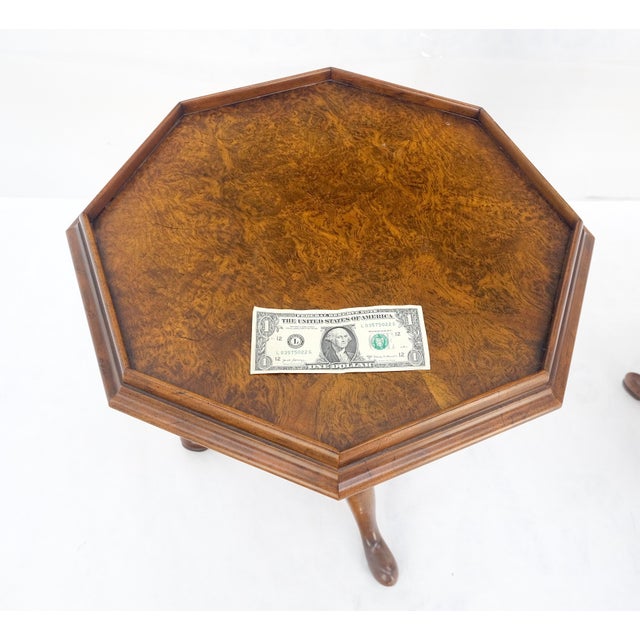 Late 20th Century Pair Gallery Burl Wood Top Tripod Bases Side End Occasional Lamp Tables Stands For Sale - Image 5 of 14