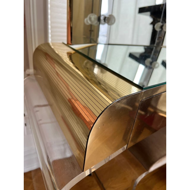 1970s Lucite Brass Arched Vanity Mirror & Stool Made by Hill Manufacturing - Set of 2 For Sale - Image 10 of 12