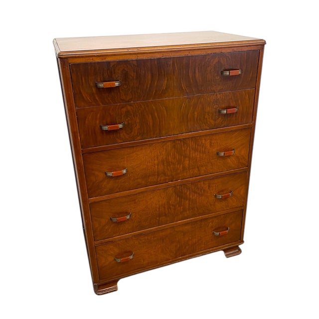 Art Deco 1970s Vintage Art Deco Highboy Dresser With Waterfall Front and Bakelite Style Handles For Sale - Image 3 of 11