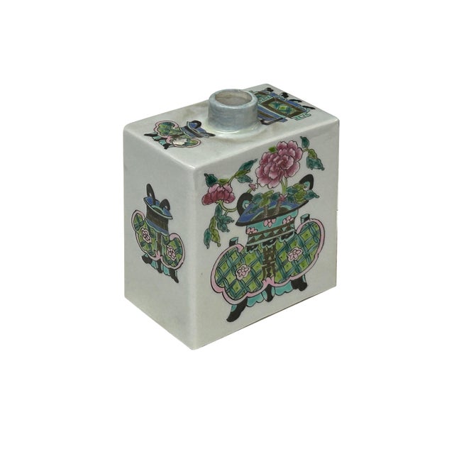 Chinese Chinese Flower Ding Vase Graphic Rectangular Porcelain Tea Caddy Jar For Sale - Image 3 of 10