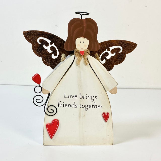A fun Arts & Crafts Boho Chic painted Valentine Angel. It's from the 1990s and features an antique white painted wood body...
