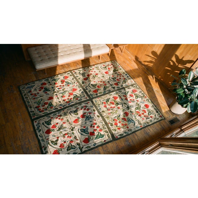 1920s Ivory Floral Folk Art Antique American Hooked Rug 6'3" X 6'4" Handknotted Wool Carpet For Sale - Image 13 of 13