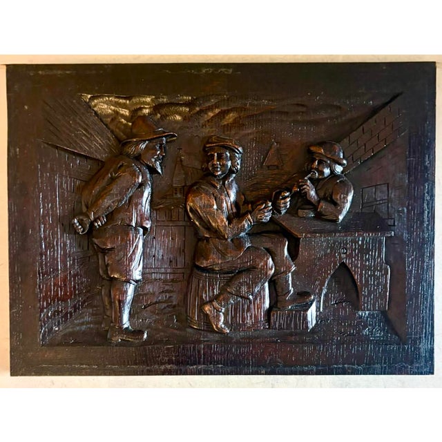 Antique Victorian Flemish Tavern Scene Wall Panels in Carved Oak, 1880, Set of 5 For Sale - Image 6 of 9