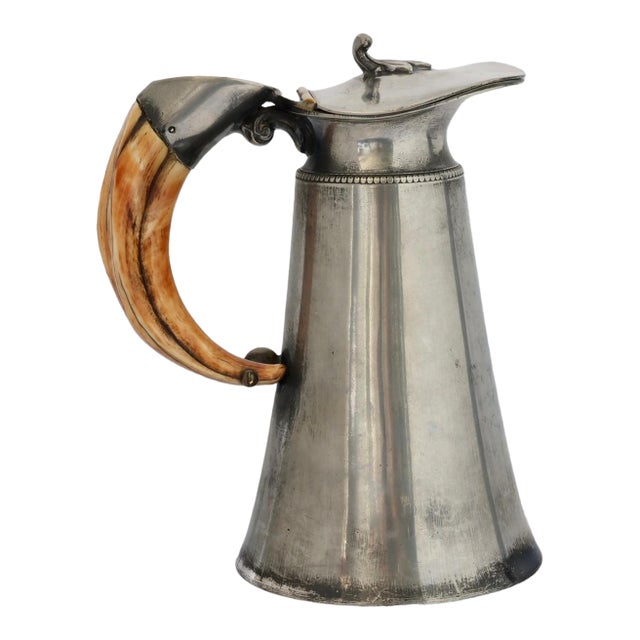 Antique English Silverplate Ale Pitcher W/Stag Horn Handle For Sale
