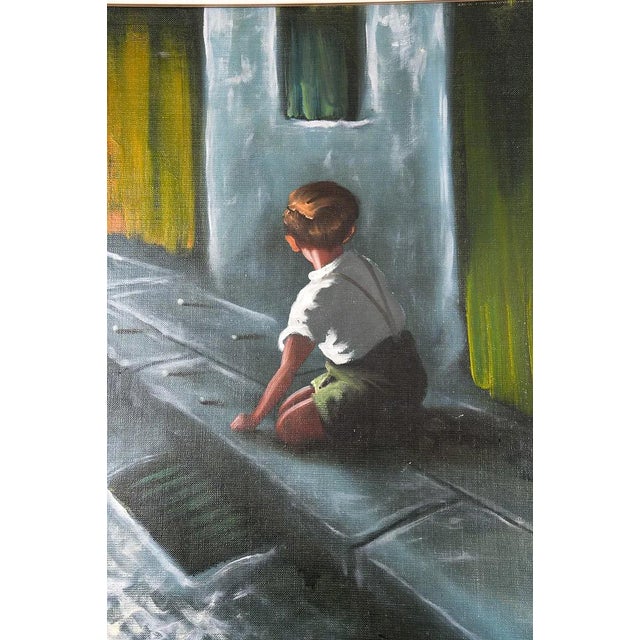 A charming painting of a boy playing marbles on a city / town street. The work is reminiscent of simpler and more bucolic...