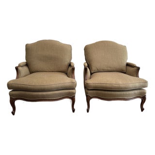 Heather Green Wool Bergere Chairs, a Pair For Sale