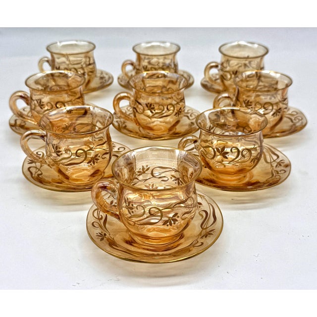 9 Art Nouveau Citrine Gilt Enamel Crystal Demitasse Cups & Saucers, Atrib. Moser For Sale - Image 10 of 18