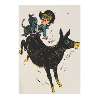 1960s Children's Woodcut of Mule and Cowboy by Jane Lewis For Sale