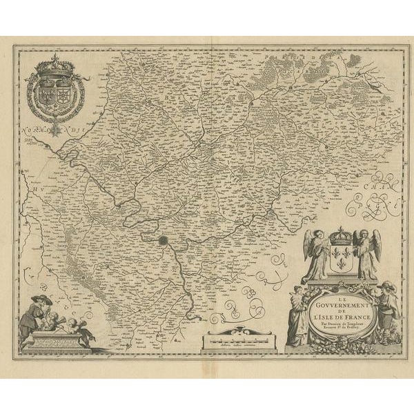 Antique map of France titled 'Le Gouvernement de L'Isle de France'. Paris is represented by a miniature plan of the city,...