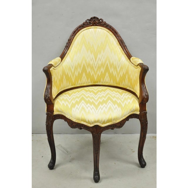 Antique French Louis XV Style Carved Walnut Yellow Fabric Boudoir Lounge Chair For Sale - Image 14 of 14