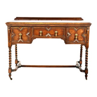 Antique Barley-Twist Oak Writing Desk With Burgundy Leather Top, Jacobean Revival Circa 1890 For Sale