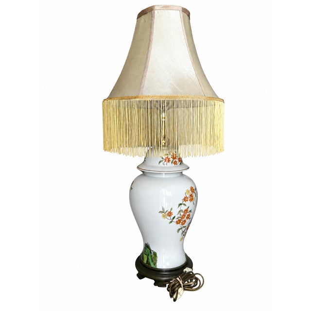Vintage Chinoiserie Floral Ginger Jar Table Lamp With Long Gold Fringe Shade For Sale In Las Vegas - Image 6 of 16