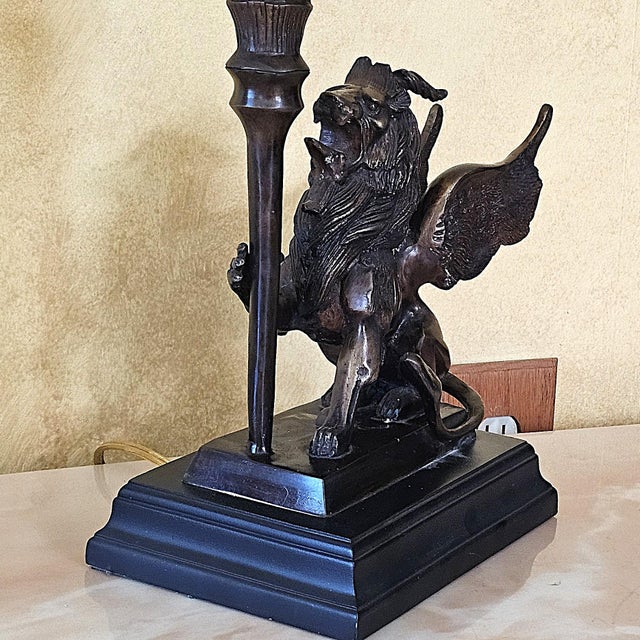 Vintage Neoclassical Bronze Winged Lion Griffin Table Lamp With Linen Shade For Sale - Image 9 of 18