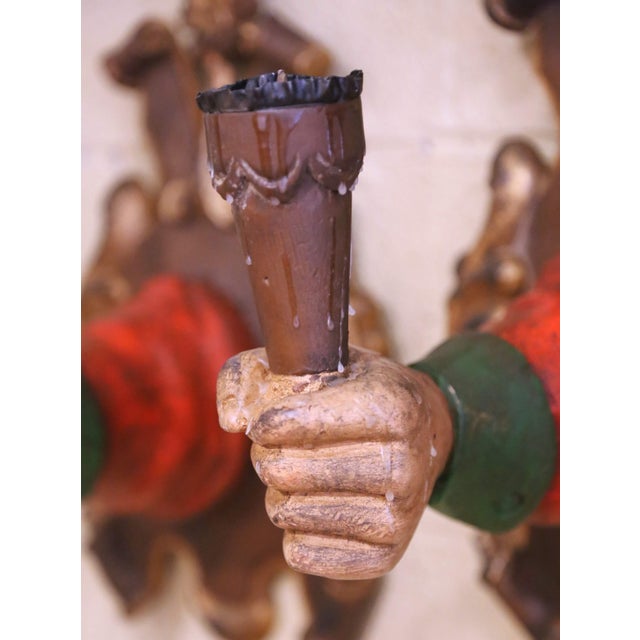 Late 20th Century 20th Century Italian Carved Polychrome Figural Arm Form Wall Sconces, Set of 4 For Sale - Image 5 of 10