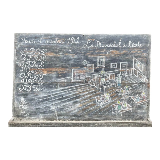 Country French School House Chalkboard Painting on Wood Panel, 1942 For Sale