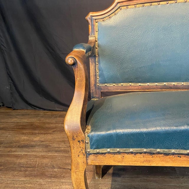 Antique Louis XV French Walnut and Faux Leather Bench, Settee or Loveseat For Sale In Portland, ME - Image 6 of 9