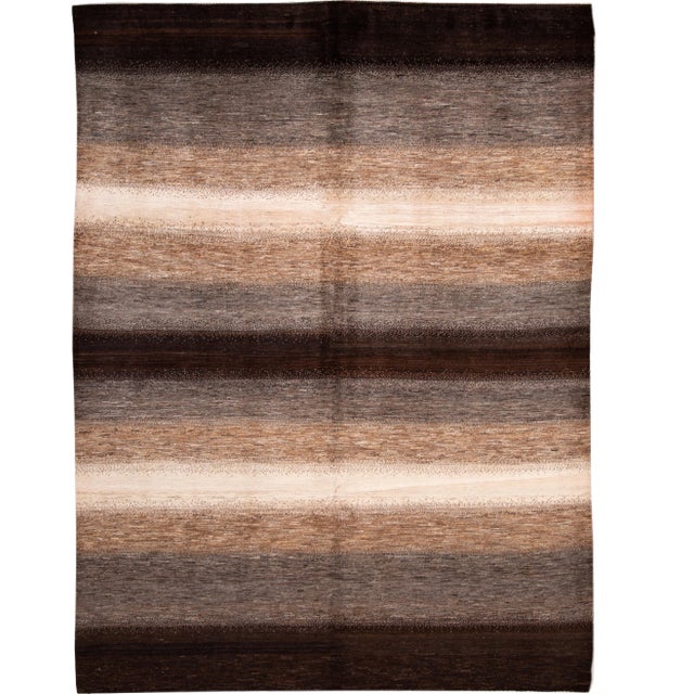 Brown Striped Modern Gabbeh Handmade Wool Rug For Sale