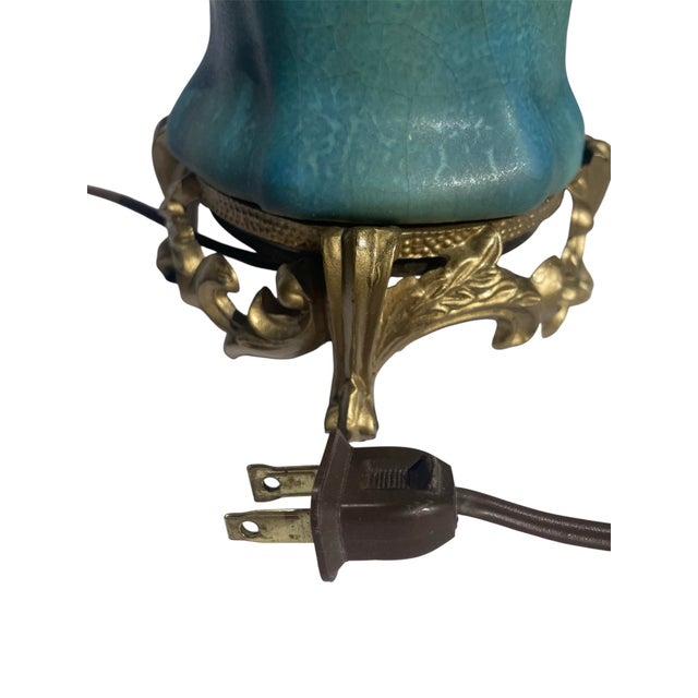 Teal Vintage Pottery Lamp With Gold French Base For Sale - Image 8 of 10