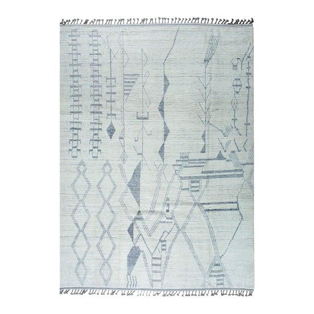 8x11 Ivory Hand-Knotted Wool Linear Totem Tribal Modern Carpet Rug For Sale