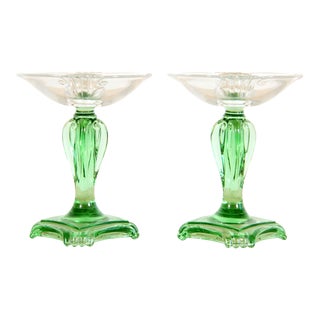 Vintage 1930's Art Deco Vaseline Glass Candle Sticks - a Pair For Sale