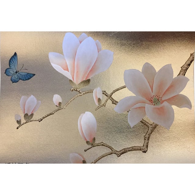 Hand‑Painted Champagne Gold Leaf Chinoiserie Mural, Pink Magnolia Blossom Wall Panel For Sale - Image 6 of 9