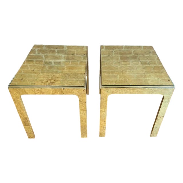 Pair of Henredon Scene Two Burl Wood & Glass End Tables, Circa 1980s For Sale