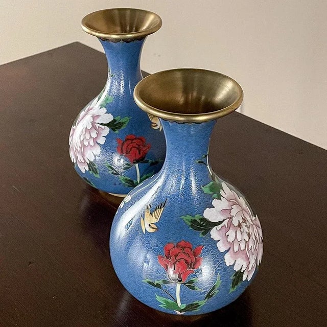 Cornflower Blue Pair Antique Cloissone Vases For Sale - Image 8 of 13